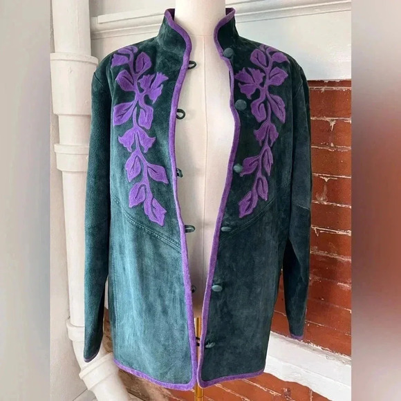 Linea by Louis Dell’olio Vintage Green Suede Jacket with Purple Floral - Picture 8 of 14